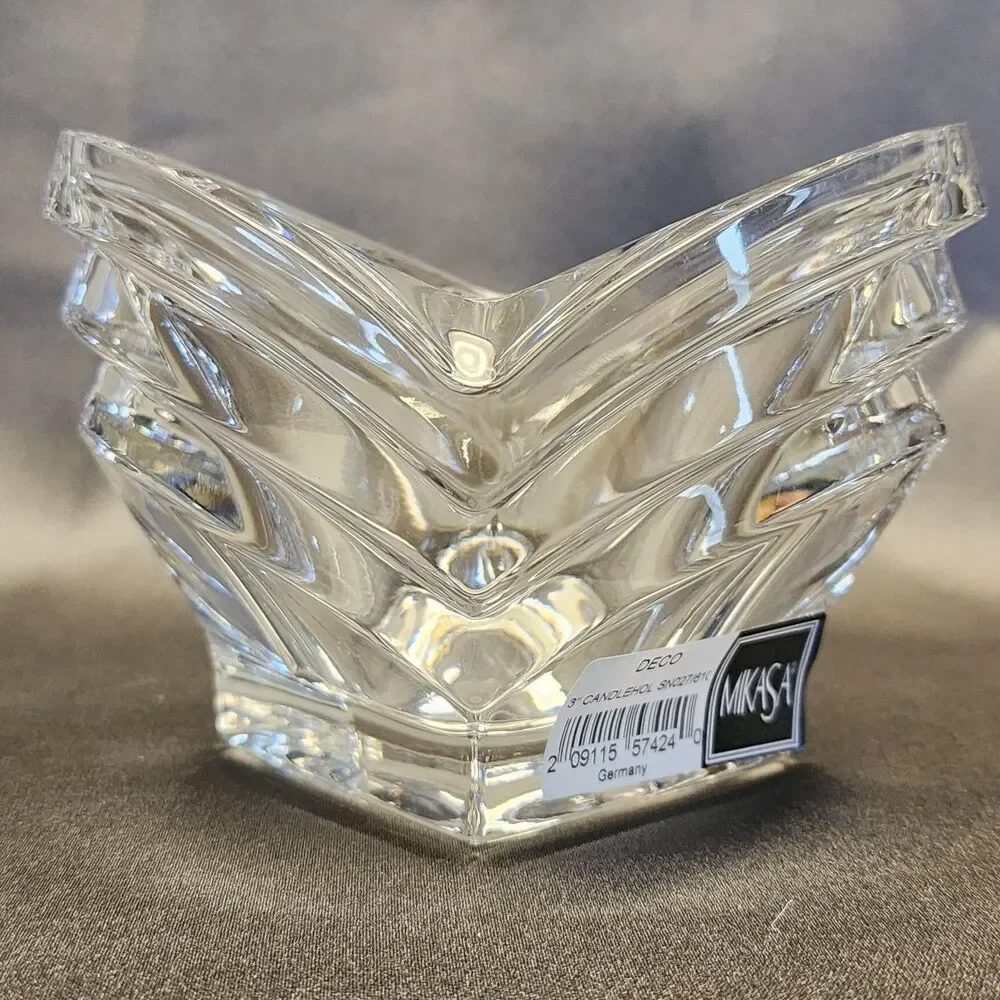 Vintage Mikasa Art Deco Crystal Tealight Holder Germany with label  Never Used